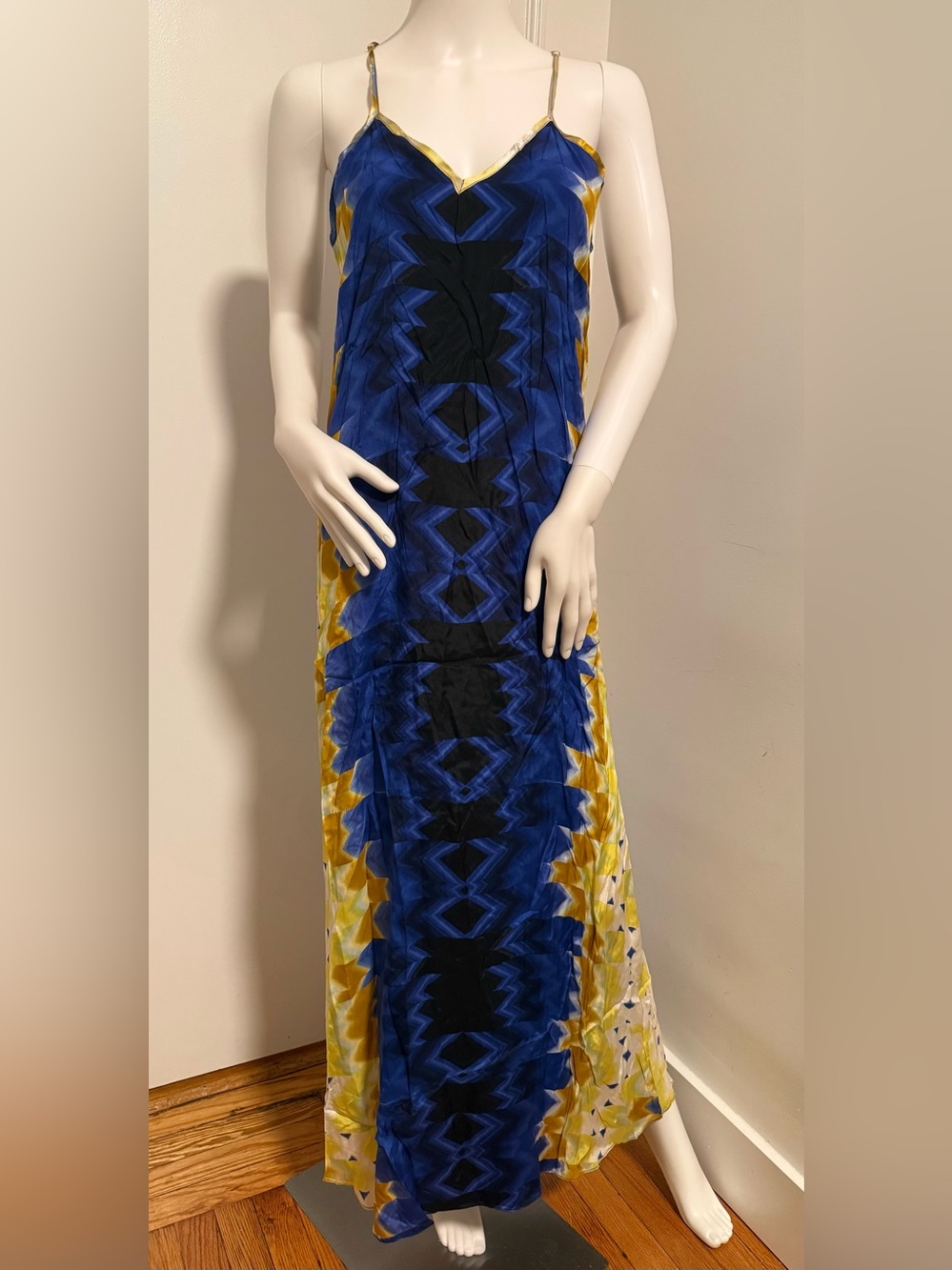 Vintage Planet Blue Blu Moon Blue and Yellow V-Neck Maxi Slip Dress 2 (M)